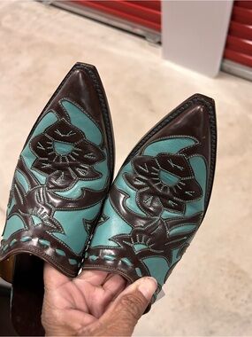Old Gringo Turquoise and Brown Pointed-Toe Western Mules